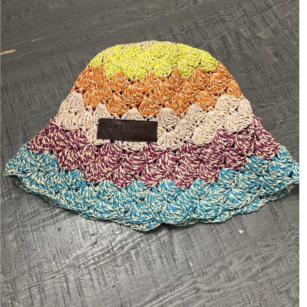 Kurt Geiger London Straw Bucket Hat Multicolor Crochet Scalloped Sun Hat NWT